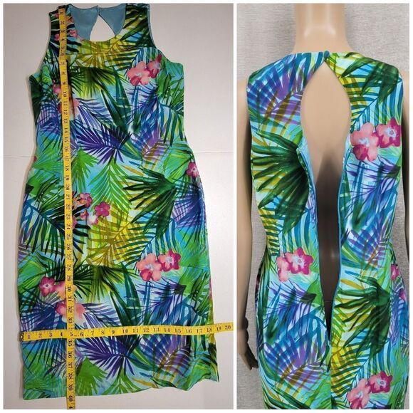 Maggy London Silk Blue Green Tropical Print Sleeveless Midi Sheath Dress Y2K - Picture 10 of 10